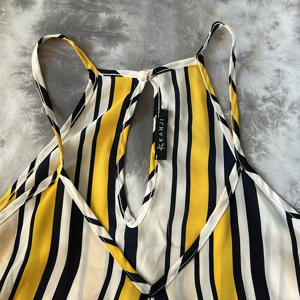 Kanji Yellow Navy Dark Blue and White Tank Top Blouse V Neck Striped Vertical - Picture 2 of 4